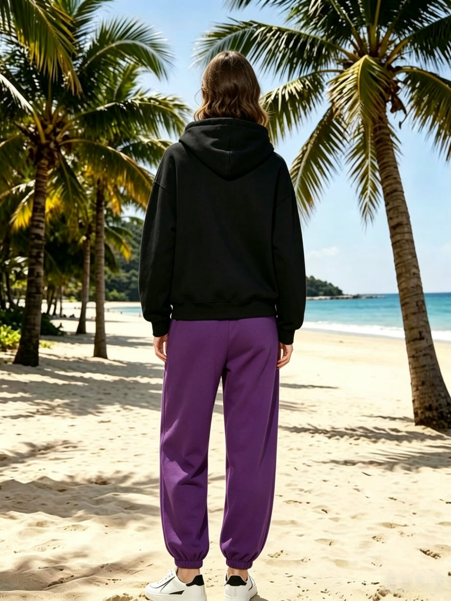 Lazy Style Loose Sweatshirt and Sweatpants Set, Long Sleeve Hooded Top and Jogger Pants, Daily Running Sportswear - Black hoodie + purple sweatpants