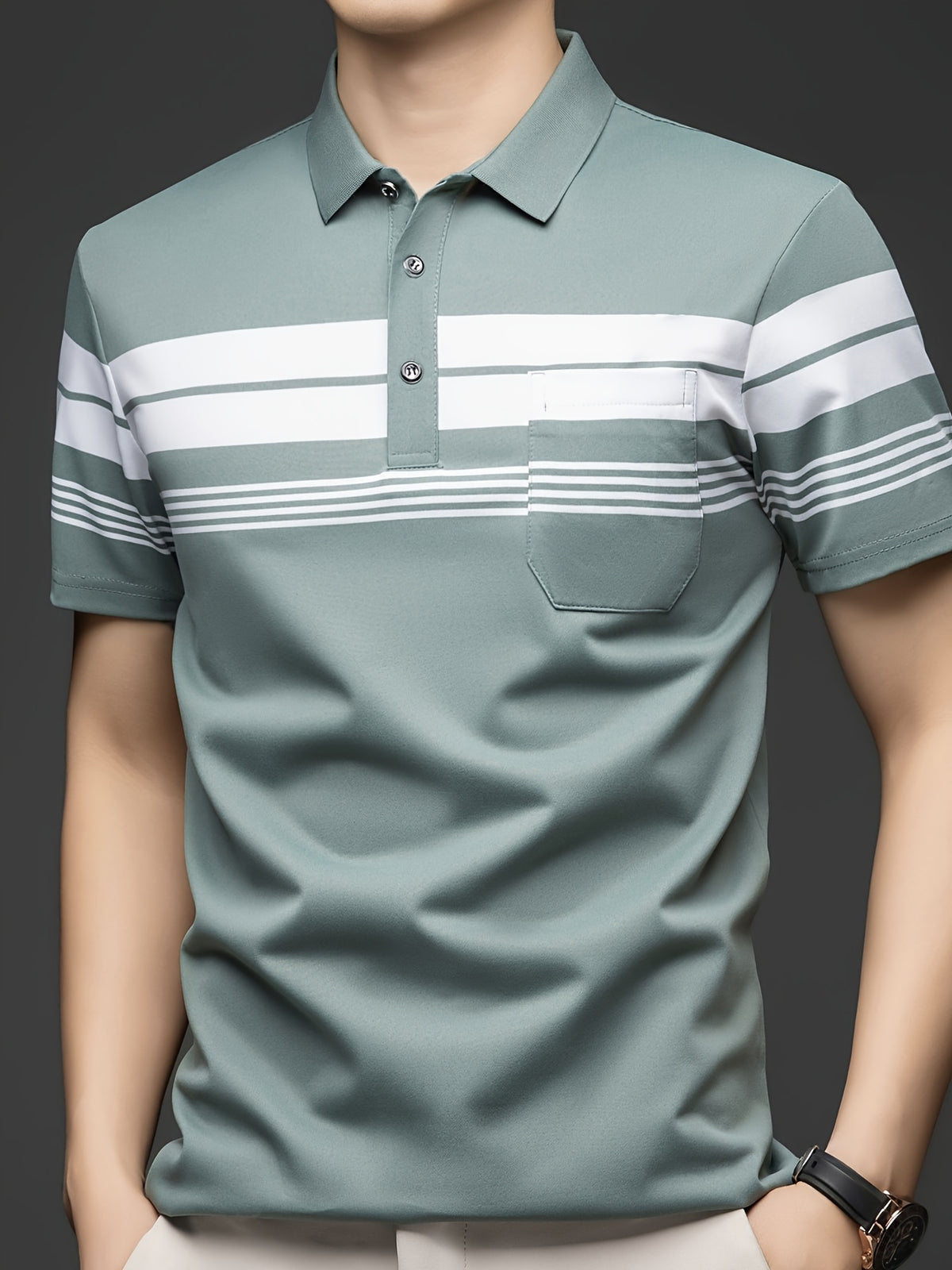 New Summer Men's Short-Sleeve T-Shirt, Wrinkle-Free Striped Loose-Fit Polo Shirt, Stylish and Versatile Casual Dad Fit Thin Shirt 26659 - Green