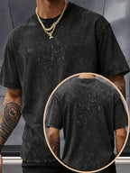 Short Sleeve Top, Pure Washed Distressed Loose Short Sleeve, Raven Flying Bird Front And Back Trendy Print Casual Match, American Street High Street Hip-Hop Couple Style, Daily Outing Commute Sports Fitness Street Style Y2K National Trend T-Shirt - Black