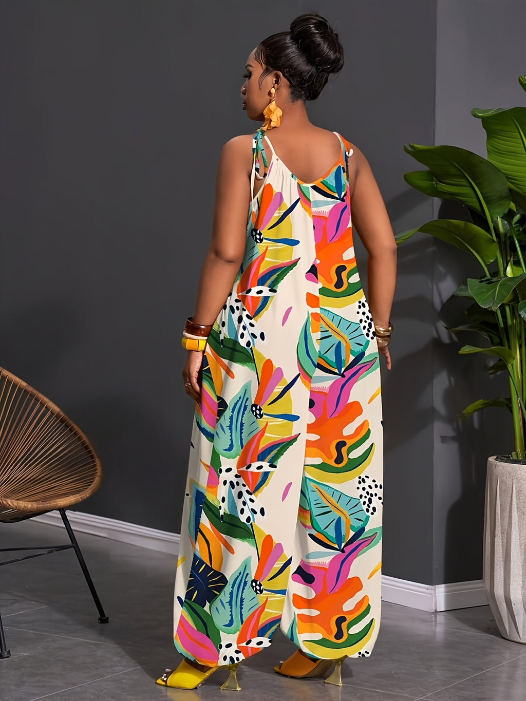 Plus Size Women'S All-Print Pleated Casual Daily Outing Cami Jumpsuit - Polychrome