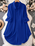Women's Long Sleeve Casual Loose Fit Shirt Dress - Blue