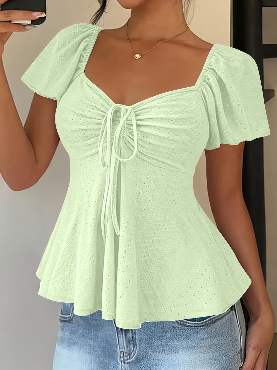 Fashionable and Elegant Spring/Summer New Arrival Y2K Solid Color Jacquard Comfortable and Breathable V-Neck Drawstring Short Sleeve Top Women's T-Shirt - Greenish Yellow
