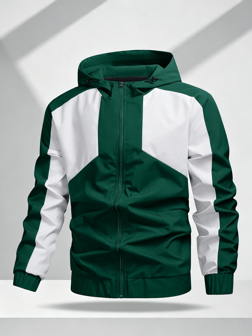 Men's Color Block Patchwork Hooded Sport Jacket with Adjustable Drawstring Hood and Zipper, Versatile Casual Jacket for Campus, Commuting, Hiking, Jogging, and Daily Wear - 25016 - Green