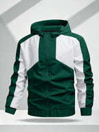 Men's Color Block Patchwork Hooded Sport Jacket with Adjustable Drawstring Hood and Zipper, Versatile Casual Jacket for Campus, Commuting, Hiking, Jogging, and Daily Wear - 25016 - Green