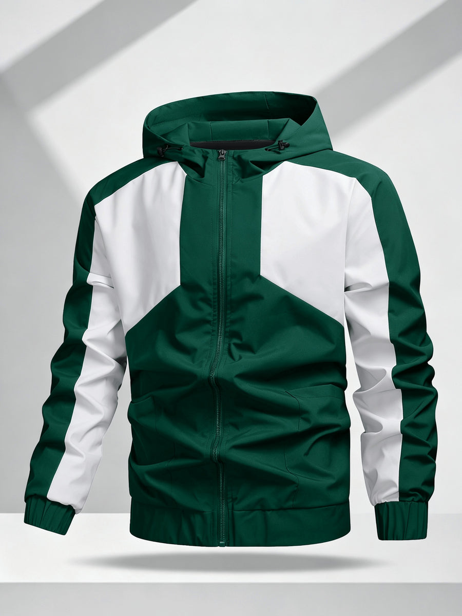 Men's Color Block Patchwork Hooded Sport Jacket with Adjustable Drawstring Hood and Zipper, Versatile Casual Jacket for Campus, Commuting, Hiking, Jogging, and Daily Wear - 25016 - Green