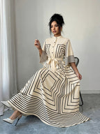 New Women's Fashion, Elegant Geometric Print Long Sleeve Short Dress, Suitable for Spring/Summer Commuting and Dating - Apricot