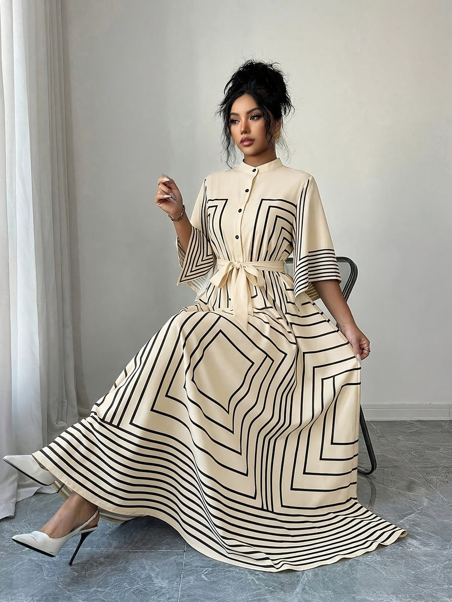 New Women's Fashion, Elegant Geometric Print Long Sleeve Short Dress, Suitable for Spring/Summer Commuting and Dating - Apricot
