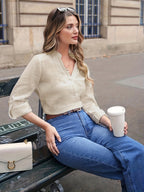 ZD0918010 Autumn Solid Neck Roll Comfortable Breathable Long-Sleeved Shirt - Light Beige