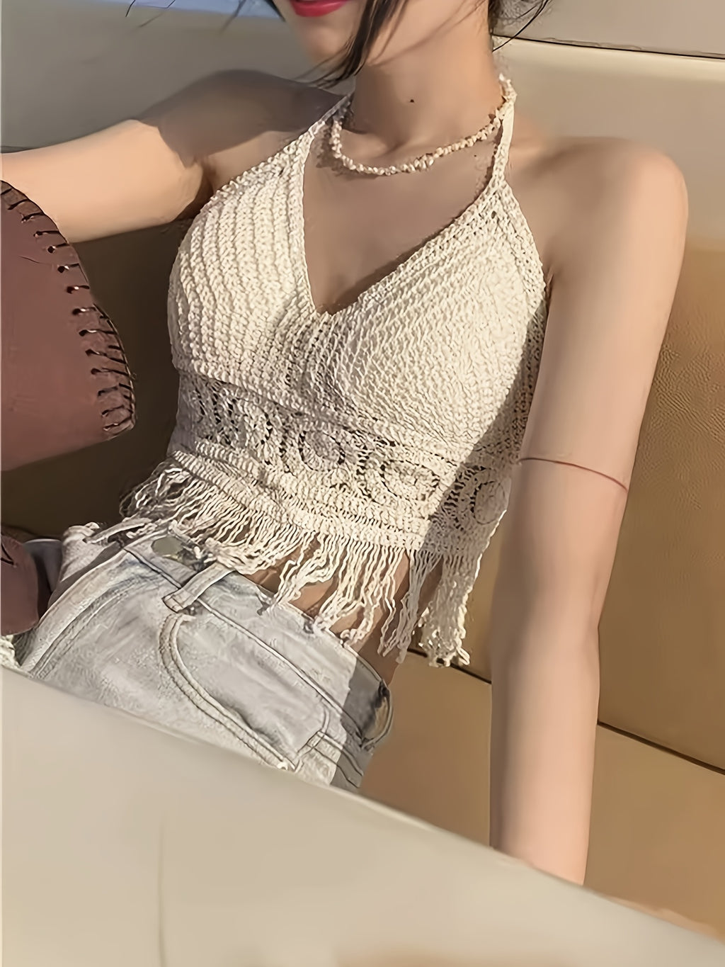 Women's Bohemian Fringe Backless Lapel Collar Outerwear, Embroidered Fringe Tassel Halter Neck Crop Vest, Suitable for Vacation, Beach, Dating, Romance, Valentine's Day, Concerts, Performances, Dates, Sexy, Elegant, Commuting, Back to - Apricot