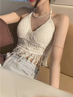 Women's Bohemian Fringe Backless Lapel Collar Outerwear, Embroidered Fringe Tassel Halter Neck Crop Vest, Suitable for Vacation, Beach, Dating, Romance, Valentine's Day, Concerts, Performances, Dates, Sexy, Elegant, Commuting, Back to - Apricot