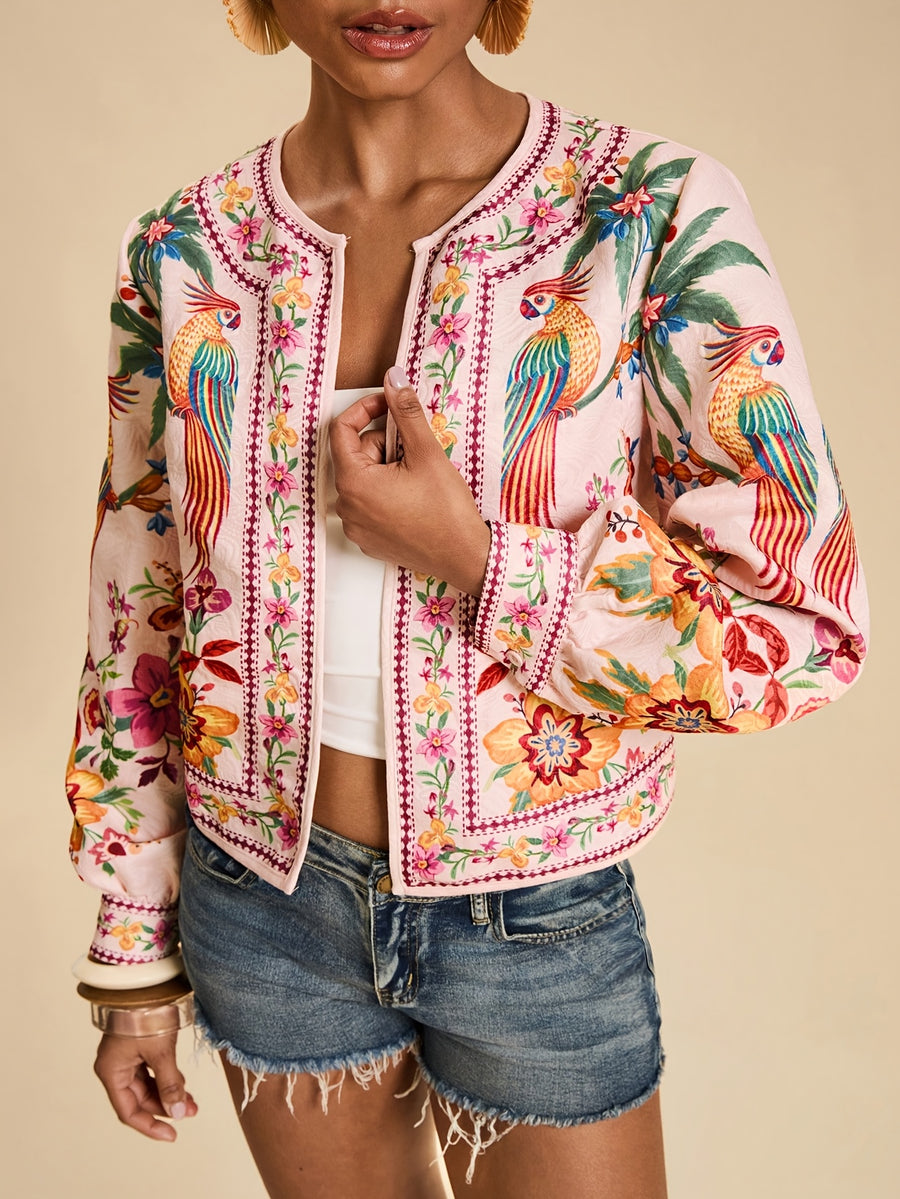 Floral Print Casual Jacket for Women, Open Front Light Beige Boho Autumn Vacation Holiday Wear, New Year Look Western Style Tropical Summer - 【Light Yellow】