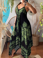 Spring/Summer Women's Ethnic Print Vintage Casual Versatile Fashion Spaghetti Suspender Dress Elegant French-Style Daily Wear - Black