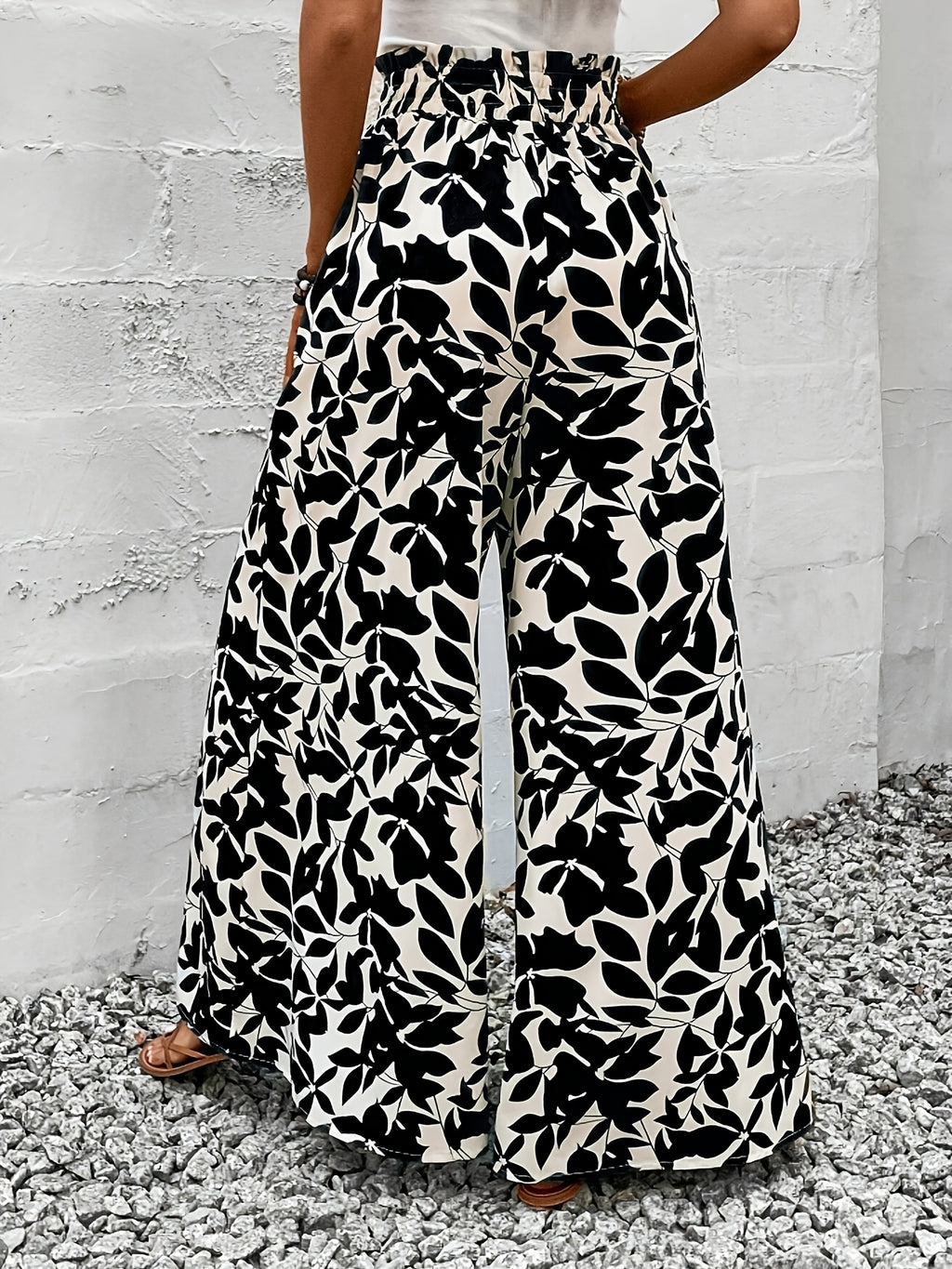 Summer Elegant Chic Romantic Women'S Printed Ruffled Waistband Wide-Leg Casual Loose Vacation Trousers with Fake Drawstring Casual Style - Deep Grey