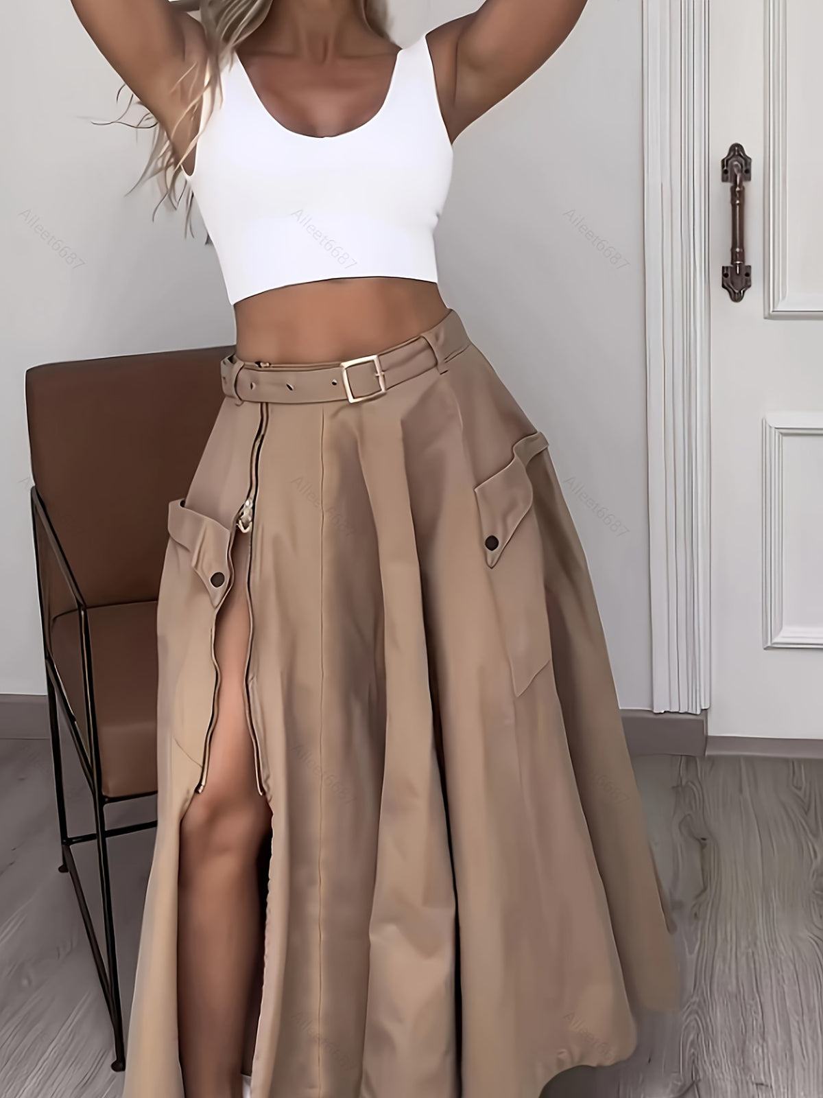 Street Style Women'S Loose Utility Dress, Elegant And Fashionable with a Front Zipper, Side Slit, And Belt - Khaki