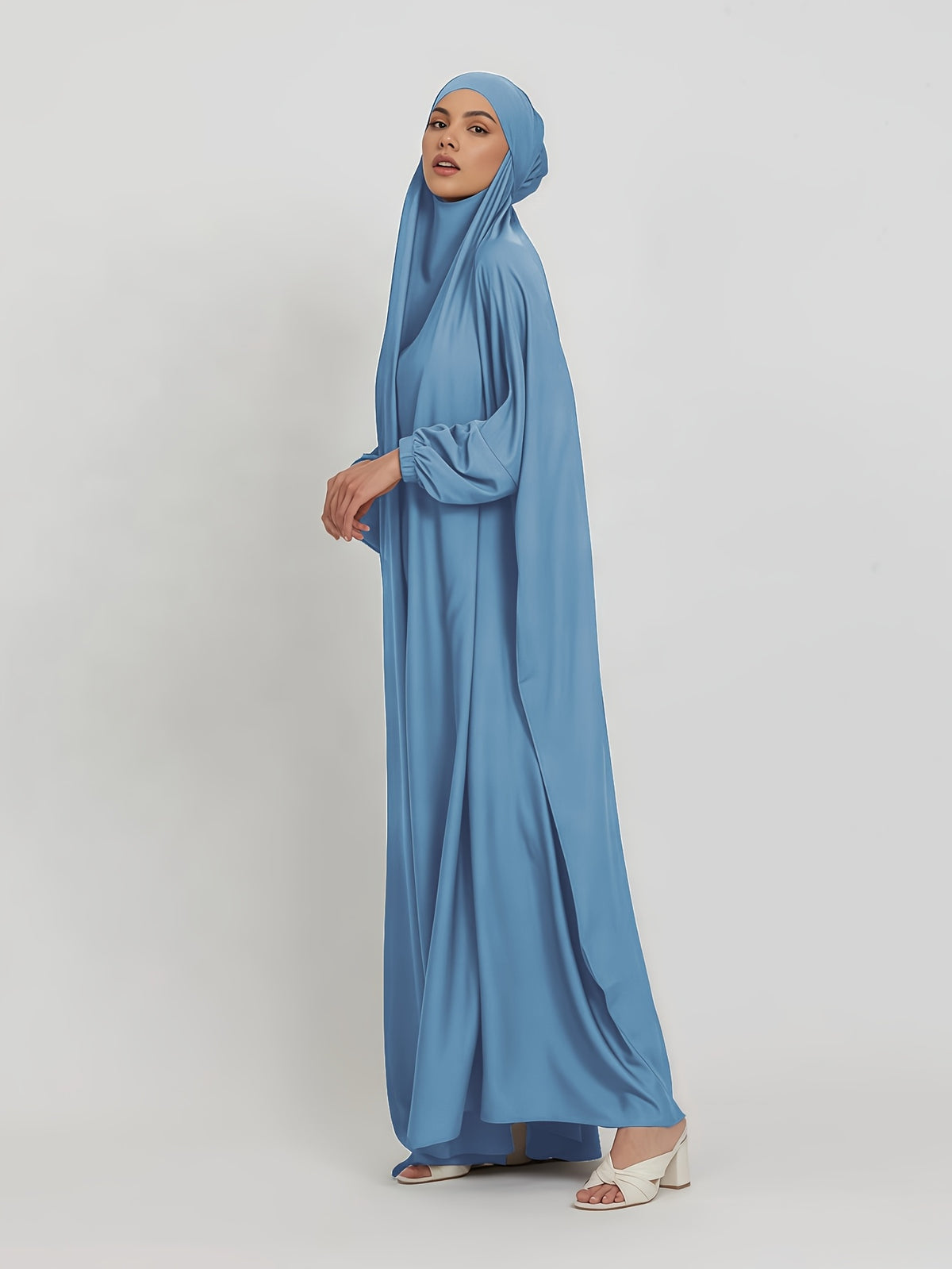 1pc Jilbab, 1pc Khimar with a Rich Drape, Cuffed Sleeves, and a Loose Fit, Suitable for Busy Daily Wear or Worship - Sky Blue