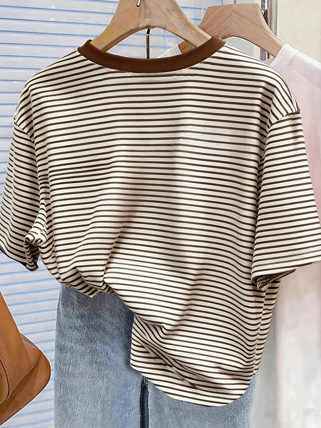 New Cross-Border Fashion Casual Digital Print Striped Short-Sleeve Round-Neck T-Shirt for Women - Coffee Color