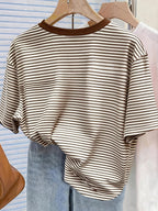 New Cross-Border Fashion Casual Digital Print Striped Short-Sleeve Round-Neck T-Shirt for Women - Coffee Color