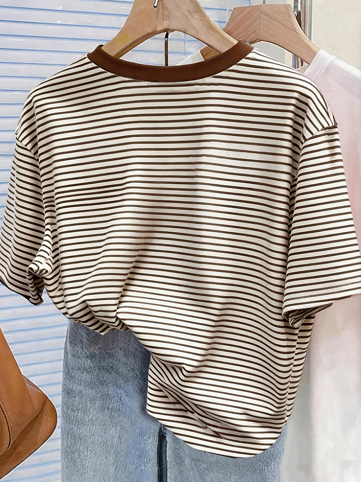 New Cross-Border Fashion Casual Digital Print Striped Short-Sleeve Round-Neck T-Shirt for Women - Coffee Color
