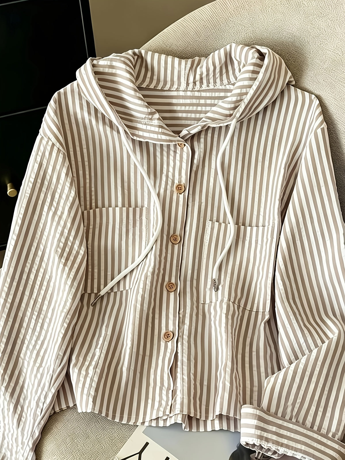 Relaxed Fit Striped Hooded Cardigan - Khaki
