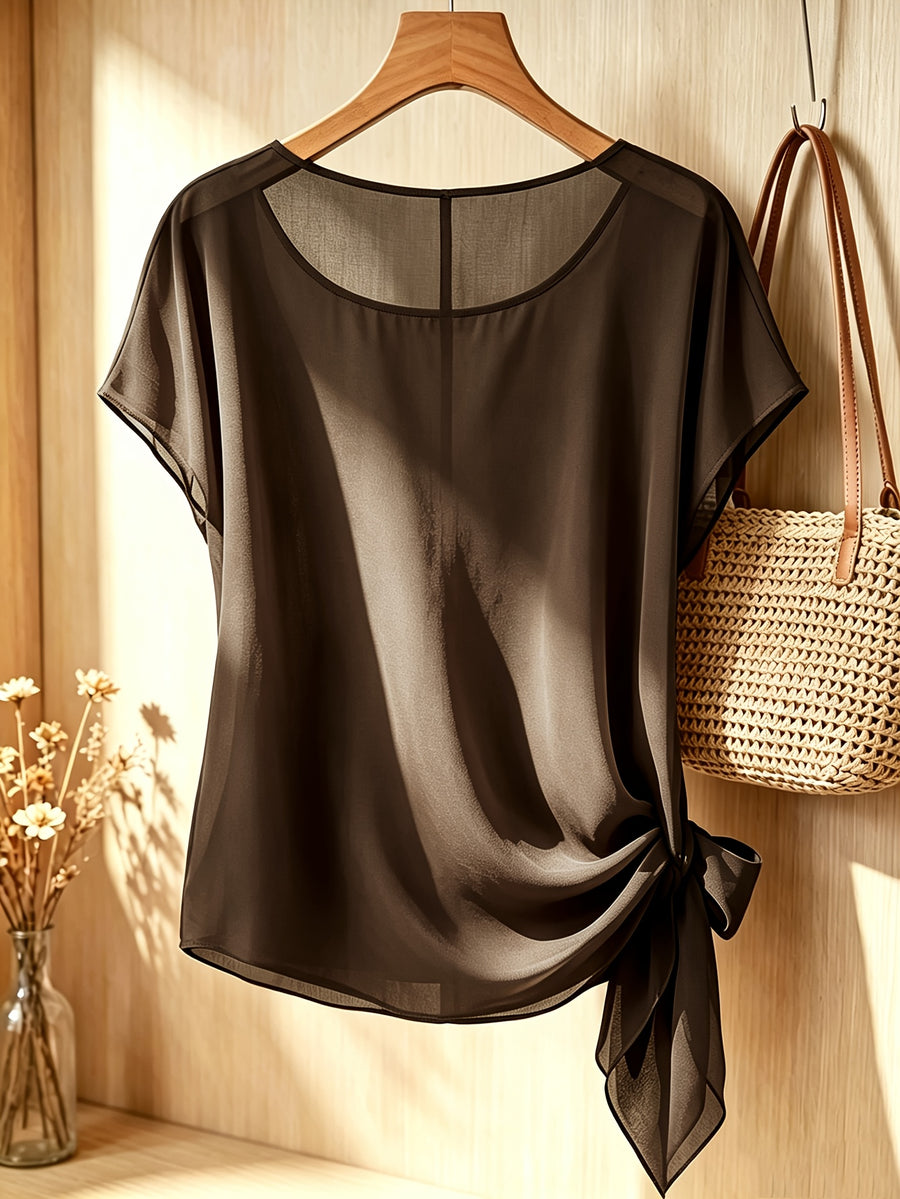 Spring Summer Women'S Fashion Ruffled Waist-Cinching Irregular Hem Temperament Elegant Style Chiffon Short Sleeve Top - Coffee Brown