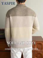 Autumn Winter Men'S High Neck Henley Long Sleeve Pullover Sweater Thick Heavyweight Style, Color-Block Jacquard Design, Casual Elegant Old Money Style, Warm And Cold-Resistant, Suitable for Daily Leisure Sports Outdoor Camping Fishing Wear, Knit - Camel