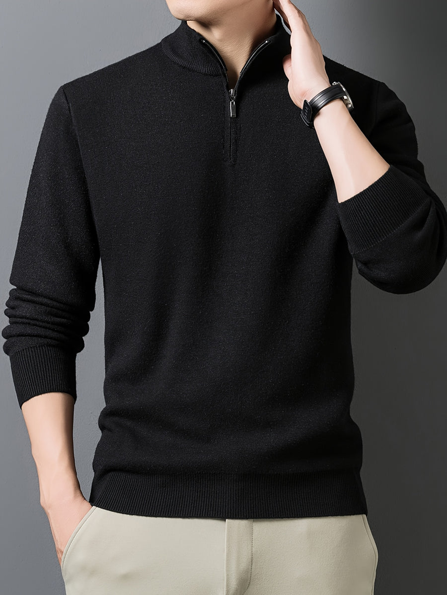 1pc Men'S Solid Color Small Stand Collar Knit Pullover Autumn Winter Zipper Casual Fleece Warm Top - Black
