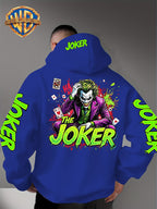 Official Warner Bros. Joker Comic-style Print Featuring Red and Green Ink-splatter Effects and "THE JOKER" Lettering. The Sleeves and Back of the Hood Are Adorned with Green "JOKER" Lettering. This Men's Trendy Printed Hooded Sweatshirt Features - Blue