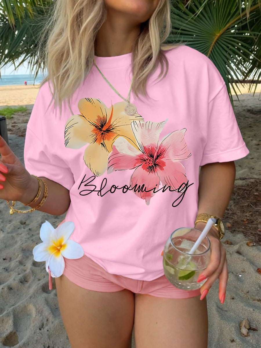 Short-Sleeved Round-Neck T-Shirt with a Vibrant Floral Print - Pink