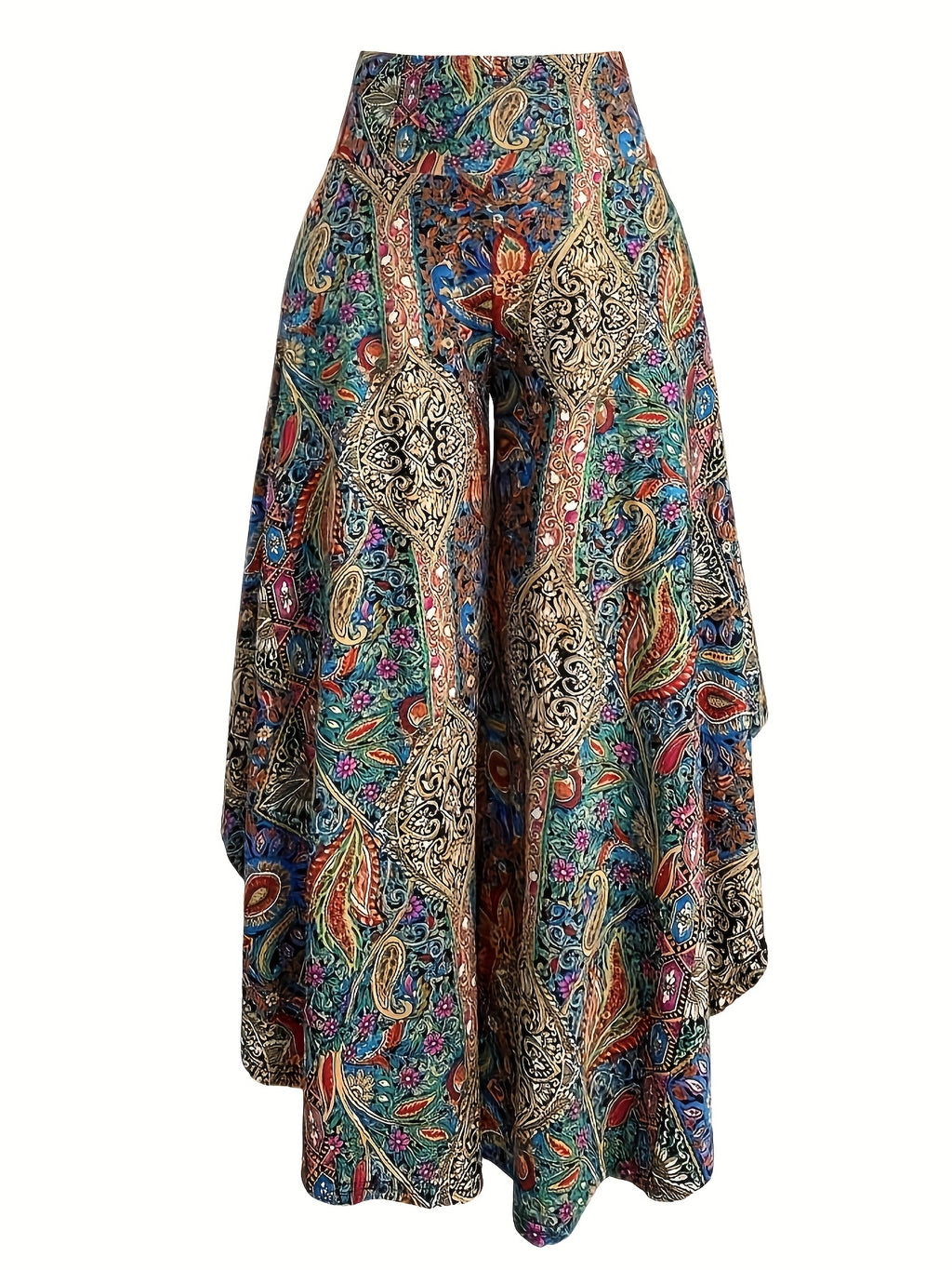 High-Waisted Paisley Print Casual Wide-Leg Pants for Women in Spring And Summer, Featuring Asymmetrical Ruffled Hems And an Elastic Waistband for a Relaxed Fit - Mixed colors