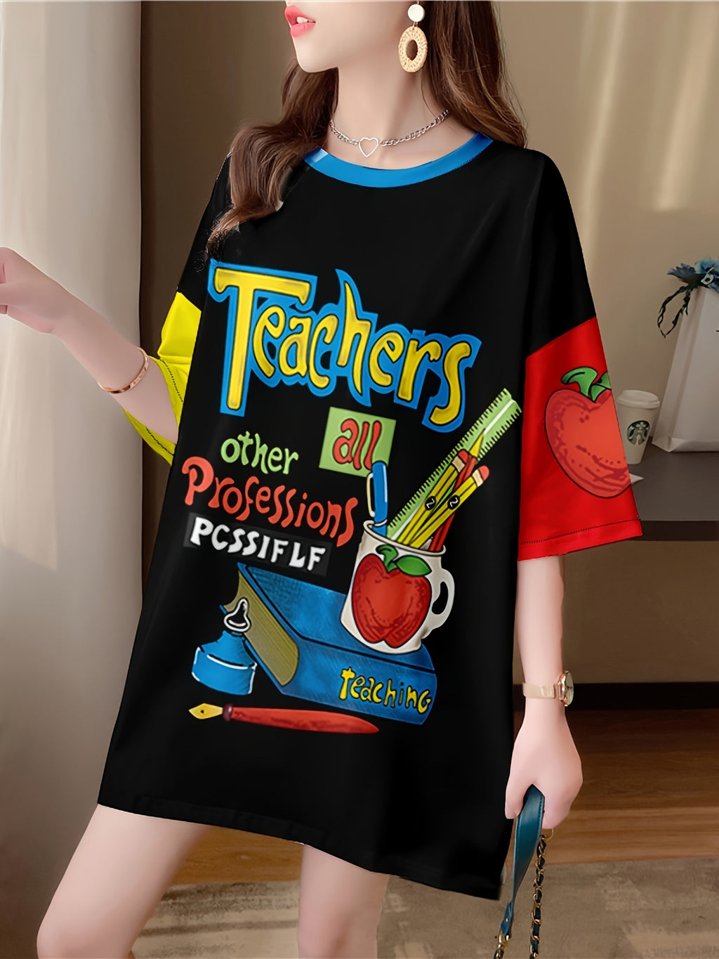 Women's Plus Size Cartoon Graphic T-Shirt - "Teachers Make a Big Impact" Design, Relaxed Fit Longline Top with Medium Stretch Fabric, Machine Washable Casual Tee for Spring Summer Fall, Casual Wear | Educational Motif | Nontransparent Material, Cute T - K128-B