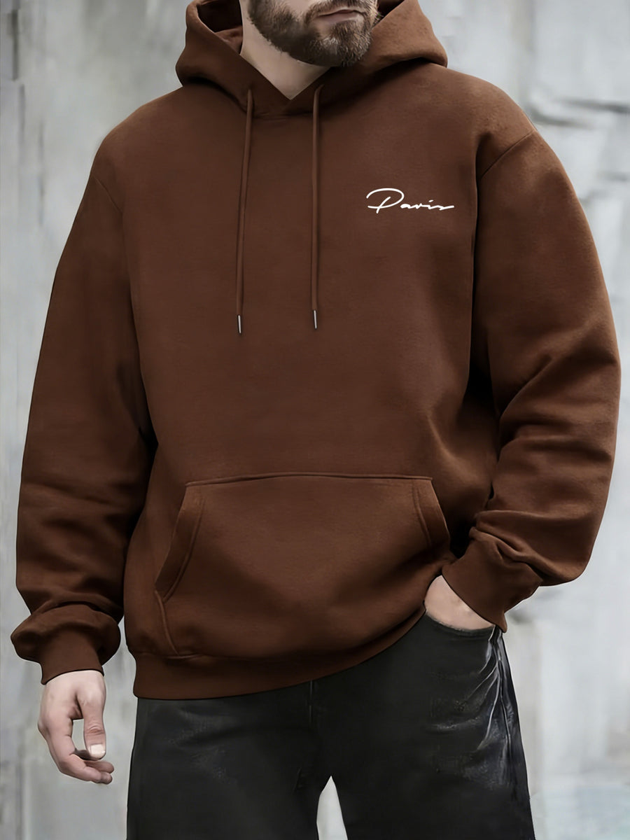 Retro Minimalist Cursive Small Print Men'S Hooded Sweatshirt Kangaroo Pocket Drawstring Hoodie Versatile Trendy Top - Coffee Brown