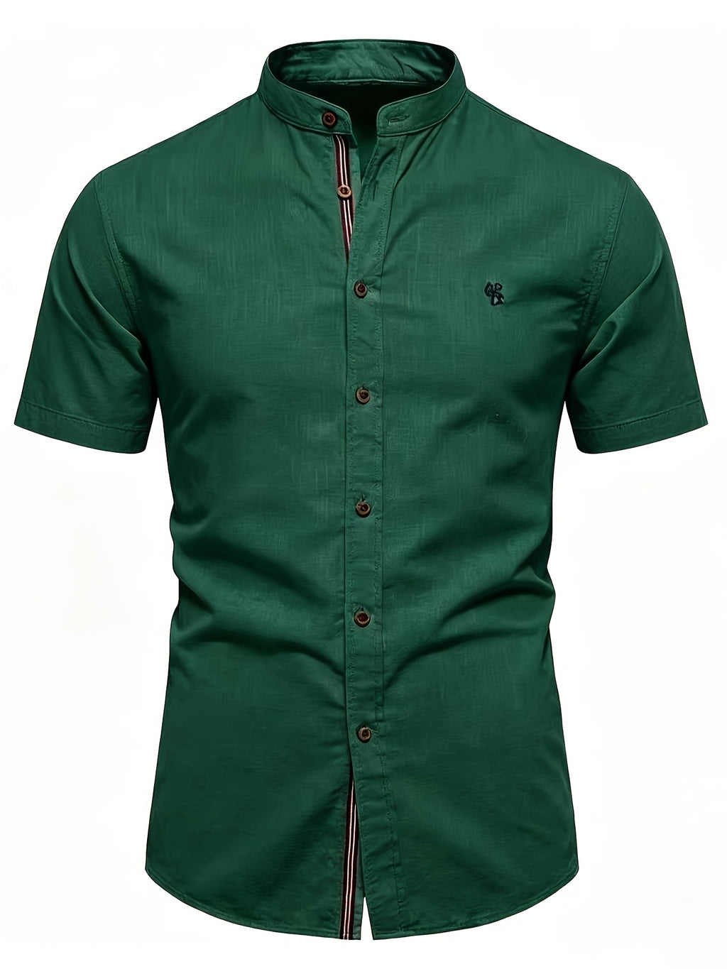 Men'S Stand-Up Collar Short Sleeve Shirt, High-Quality Solid Color Business Casual Top, Suitable for Spring Summer - Dark Green