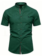 Men'S Stand-Up Collar Short Sleeve Shirt, High-Quality Solid Color Business Casual Top, Suitable for Spring Summer - Dark Green