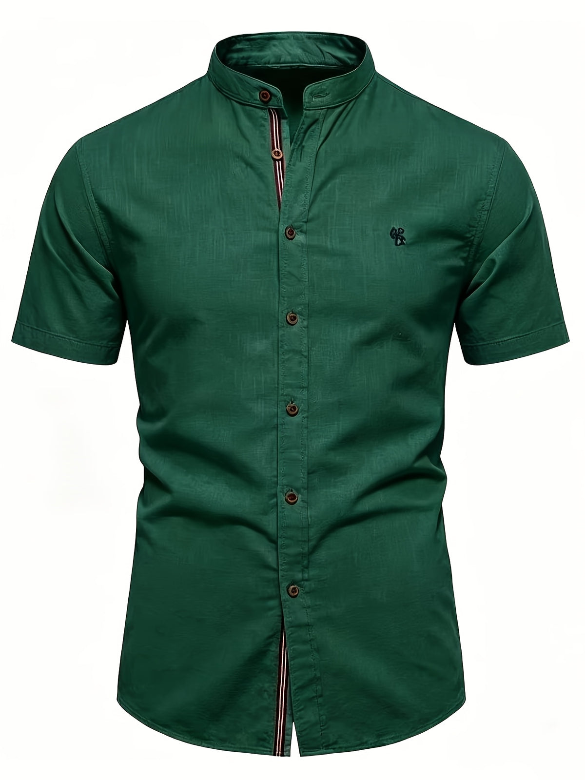 Men'S Stand-Up Collar Short Sleeve Shirt, High-Quality Solid Color Business Casual Top, Suitable for Spring Summer - Dark Green