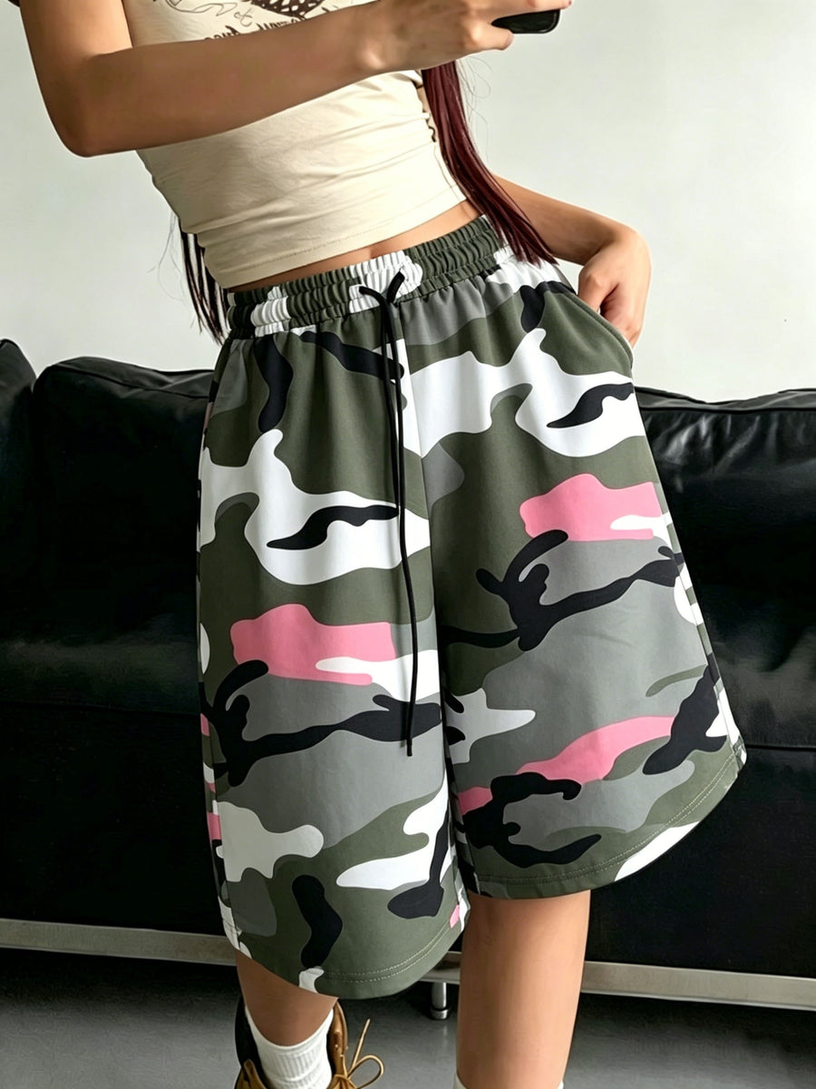 Street Style Camouflage Wide-Leg Shorts Women'S Summer Elastic Waist Casual Mid-Length Pants - Mixed colors