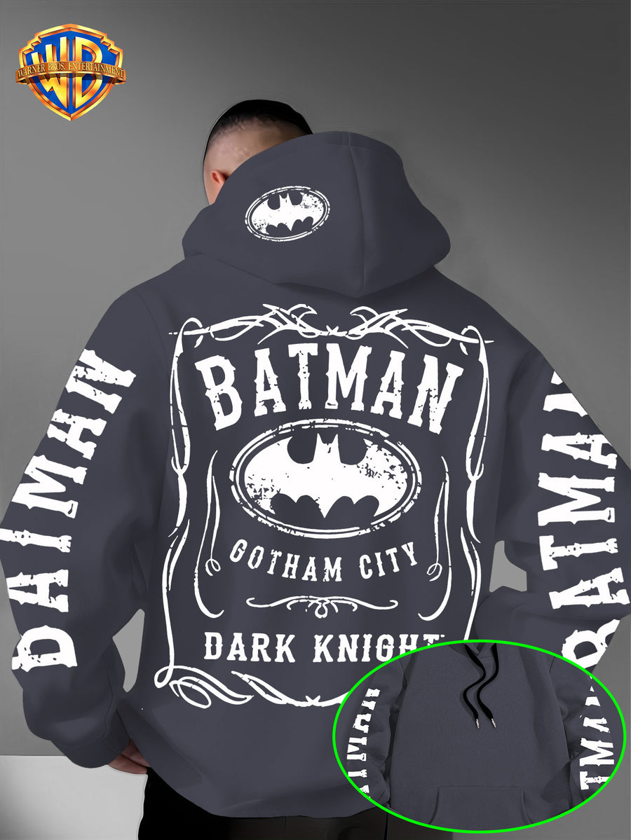 Warner Bros. Authorized American Cool Batman Retro Border Printed Hooded Sweatshirt with Adjustable Drawstring, Comfortable And Warm, Fashionable And Versatile Men'S Casual Sweatshirt, Suitable for Autumn And Winter Wear - Dark Gray