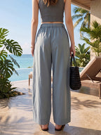 Western Style Summer High-Waist Wide-Leg Pants Women'S Loose Straight Casual Trousers Drape Elastic Waist Vacation Beach Pants Lazy Style Streetwear Inclusive XS to L Size Daily Commute Home Style Breathable Thin Texture Western Trendy Style Outdoor - Bright Steel Blue
