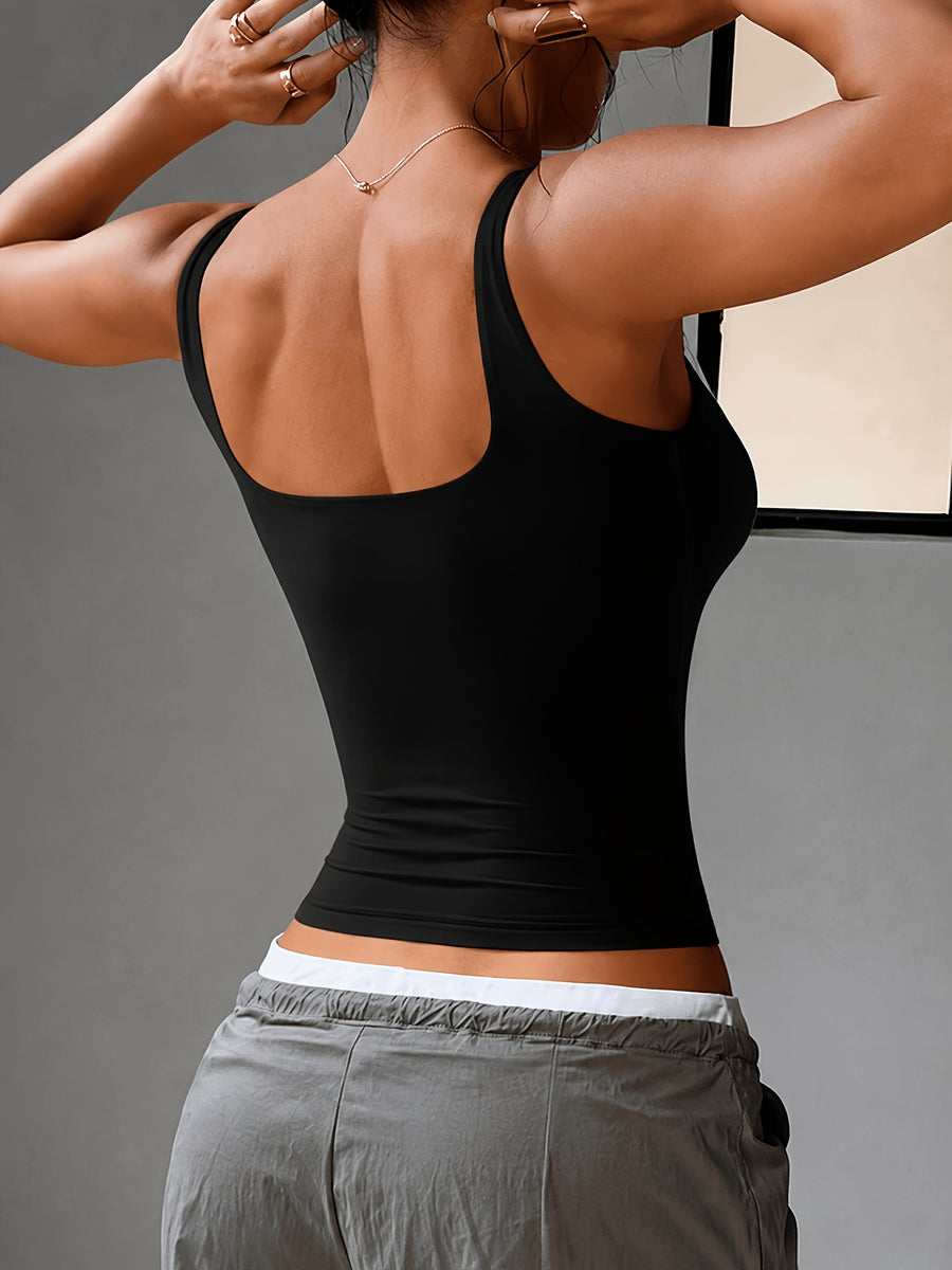European and American Basic Style Solid Color Square Neck Tank Top, High-Stretch Slim-Fit Bodycon Cropped Waist-Revealing Sleeveless Base Layer Top for Inner or Outer Wear - Black