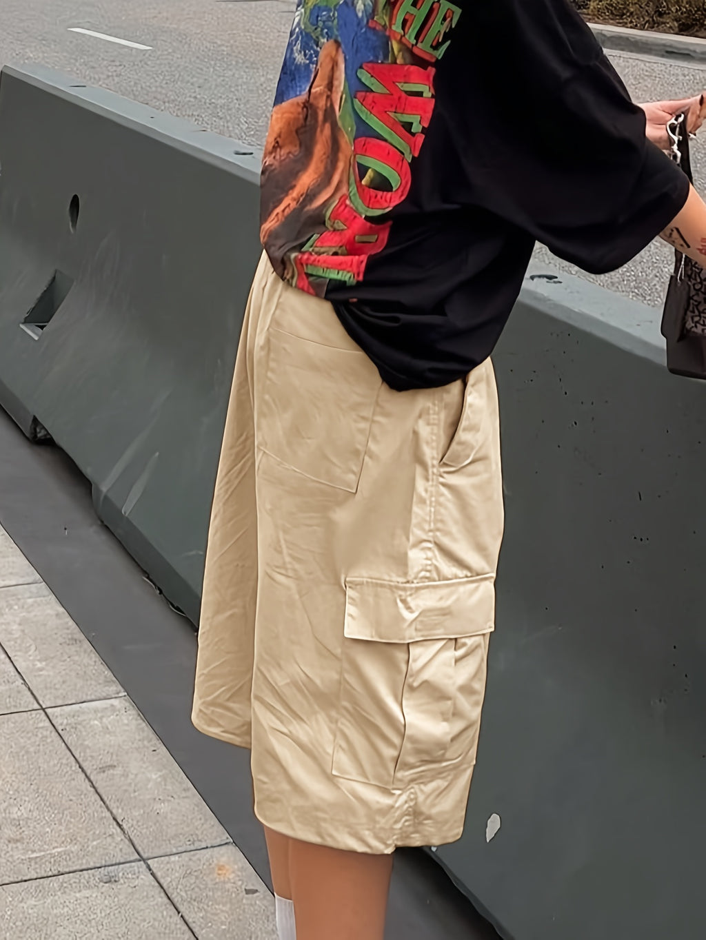 Y2K Street Fashion Khaki Flip-flap Pocket Loose Wide-leg Pants, Women's Simple Casual Multi-pocket Knee-length Shorts - Khaki
