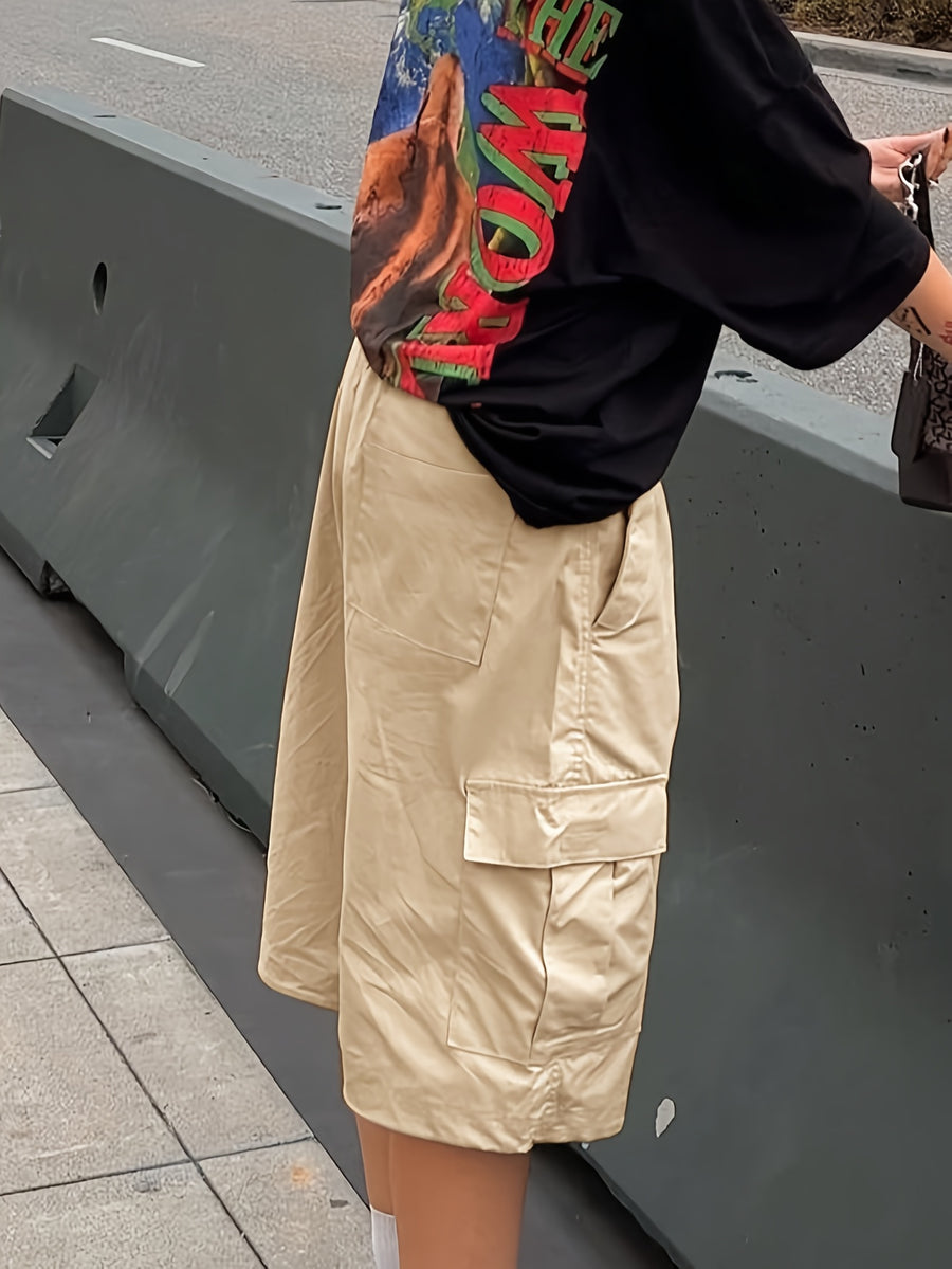 Y2K Street Fashion Khaki Flip-flap Pocket Loose Wide-leg Pants, Women's Simple Casual Multi-pocket Knee-length Shorts - Khaki