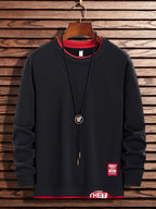 Single-pack Men's Spring/autumn Casual Sport Sweatshirt, Fashionable Round Neck Long Sleeve with Slight Stretch, Letter Color-blocked Top, Suitable for Outdoor Couple Running, Daily Hiking, and Gift-giving - Black