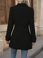 Elegant Women's Fashion Tweed Coat, Stylish Waist-Cinching Mid-Length Solid Color New Autumn/Winter Overcoat - Black