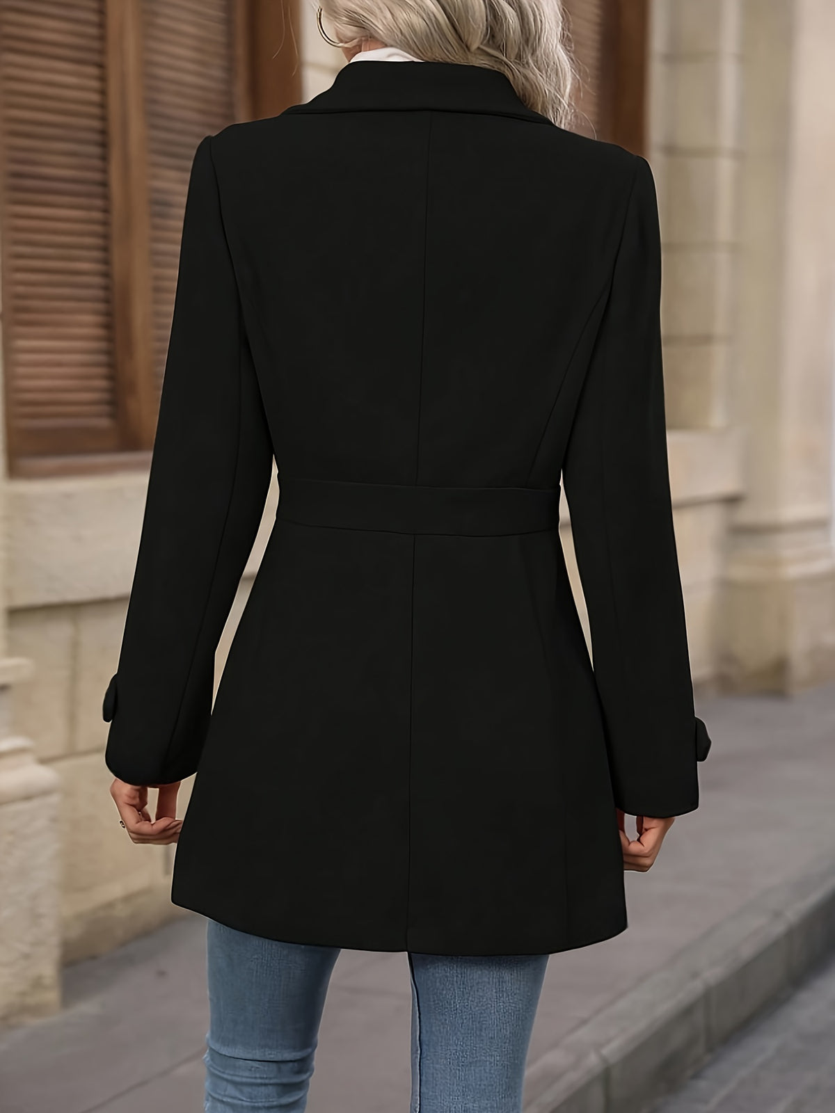 Elegant Women's Fashion Tweed Coat, Stylish Waist-Cinching Mid-Length Solid Color New Autumn/Winter Overcoat - Black