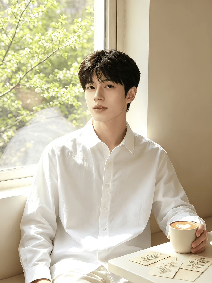 Men'S Autumn Classic Solid Color Long Sleeve Button-Up Shirt, Lapel Collar Casual Blouse, Loose Soft Breathable Daily Top - White
