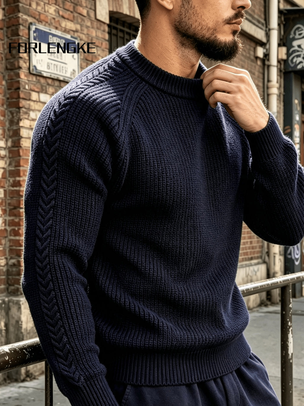 FORLENGKE Men's Vintage Crew Neck Sweater with Cable Knit Sleeves, Heavy Thick Pullover for Fall and Winter, Loose and Casual Fit for Young and Middle-Aged Men, Perfect for Daily Wear, Commuting, Street Style, Layering, Available in Multiple Colors - Shangqing