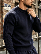 FORLENGKE Men's Vintage Crew Neck Sweater with Cable Knit Sleeves, Heavy Thick Pullover for Fall and Winter, Loose and Casual Fit for Young and Middle-Aged Men, Perfect for Daily Wear, Commuting, Street Style, Layering, Available in Multiple Colors - Shangqing