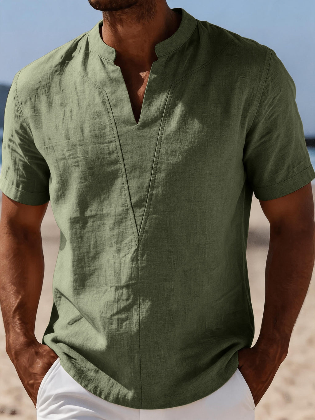 Men's Casual V-Neck Linen Short-Sleeve Shirt, Lightweight and Breathable with a Short-sleeve Design, Suitable for Summer Wear. Features a Loose Fit and Solid Color for Comfort, Ideal for Beach Vacations, Resort Hotel Trips, and Daily Wear - Olive Green