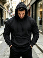 3pcs Men'S Solid Color Hooded Sweatshirt Set, Regular Fit, Drawstring Pullover Top, Fleece Lined, Warm And Comfortable, Elastic Soft, Casual Daily Home Wear, Suitable for Fall Winter Fashion Men'S Outfit - Black + Army Green + Navy Blue