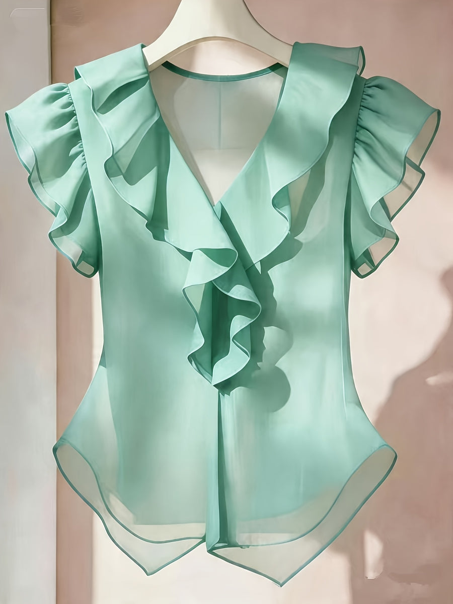 Summer French Solid Ruffled Fly Short Sleeve Shirt Chiffon Top Women'S - Viridity