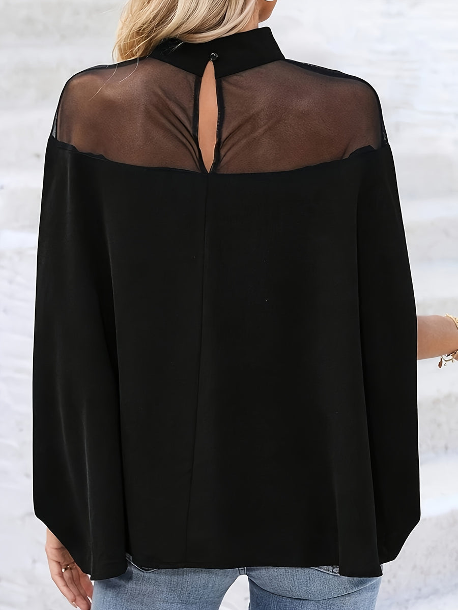 Beautiful Fashion Mesh Patchwork Batwing Sleeve High Neck Loose Top NS702 - Black